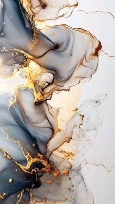 an abstract painting with gold and black paint on it's surface, in the shape of waves