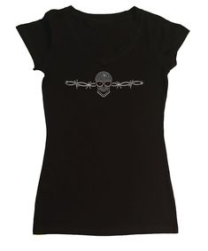 "This is for New Women's Fitted T-Shirt embellished with \" Skull with Barbwire \" made in Rhinestones with a choice of V-Neck in Cap Sleeve or Long Sleeve Styles or Ribbed Razorback Tank Top. V-Neck in Cap Sleeve and Long Sleeve Styles Attributes are as follows: Made of 95% Cotton and 5% Spandex; Light Weight Combed Cotton Build to Stretch. Size Specifications for V-Neck in Cap Sleeve and Long Sleeve Styles are as follows: Small: Width 15\" X Length 25\" Medium: Width 16\" X Length 26\" Large: Scene Clothes T-shirts & Tank Tops, Cheap Black Y2k Tank Top, Affordable Emo Tops For Concerts, Cheap Black Emo Tops, Cheap Y2k Style Tops For Halloween, Cheap Y2k Relaxed Fit Tops, Cheap Fitted T-shirt With Rhinestones, Cheap Black Emo T-shirt, Cheap Y2k Tops With Skull Print