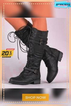 Autumn Winter Vintage Flat Lace Up Mid Calf Boots Casual High Ankle Lace-up Boots For Wide Calves, Casual Lace-up Mid-calf Boots For Spring, Winter Wide Calf Lace-up Combat Boots, Casual Pointed Toe Combat Boots For Fall, Casual Knee-high Martin Boots For Outdoor, Casual Wide Calf Moto Boots For Spring, Spring Outdoor Combat Boots With Round Toe, Casual Combat Boots With Buckle Closure For Winter, Casual Lace-up Ankle-high Boots With Buckle Closure