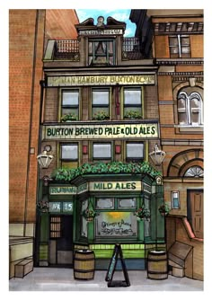 a painting of a pub called button brewery in the uk with green awnings