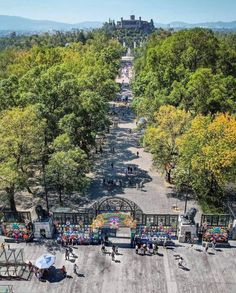 an aerial view of the park with lots of trees and people walking around in it