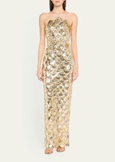 Oscar de la Renta Strapless Sequined Scallop Column Gown - Bergdorf Goodman Luxury Ball Gown Maxi Dress, Luxury Full-length Gown, Luxury Gown For Prom, Luxury Sleeveless Gown, Sequin Ball Gown, Gown Gold, Column Design, Evening Flats, Cocktail Jacket