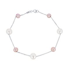 Beautifully delicate, this tin cup bracelet features pink and white freshwater pearls in alternating sizes measuring 5.5-7.5 millimeters. Classic Pink Bracelets, Pink Pearl Bracelet With Pearl Drop, Elegant Pink Bracelets With Pearl Chain, Pink Elegant Single Strand Beaded Bracelets, Elegant Pink Single Strand Beaded Bracelets, Pink Pearl Bracelet With Round Beads For Formal Occasions, Elegant Pink Sterling Silver Round Bracelet, Formal Pink Pearl Bracelet, Elegant Pink Bracelet With Pearl Charm