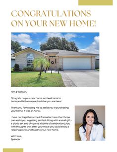 a brochure for a new home with an image of a woman standing in front of the house