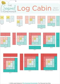 the floor plan for a log cabin is shown in red, blue and green colors