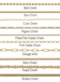 Chain Measurements Chart, Chain Types Jewelry, Different Chain Styles, Types Of Jewelry Chains, Types Of Chains Jewelry, Permanent Jewelry Chains, Gold Knowledge, Types Of Gold Chains, Types Of Necklace Chains