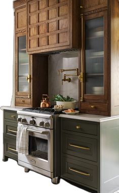 a kitchen with an oven, sink and cupboards on the wall above it is shown