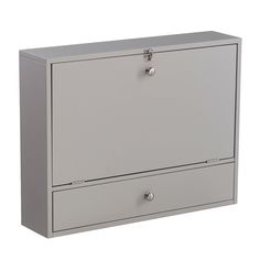 a gray filing cabinet sitting on top of a white floor