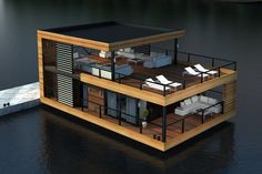 an image of a floating house in the middle of the water with furniture on it