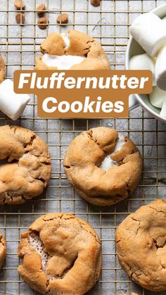 several cookies cooling on a wire rack with marshmallows in the background and text overlay that reads, fluffy nutter cookies