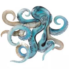 an octopus sculpture is shown against a white background with blue swirls on it's body