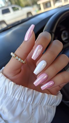 Pastel pink and white long square manicure nails, with pearl shine, spring nails, light pink, white spring outfit Pastel And White Nails, White And Pastel Pink Nails, White Or Light Pink Nails, Pink Graduation Nails Ideas, Light Pink Nail Ideas With Design, Pearl And Pink Nails, Light Pink Square Nails With Design, Pink White Nails Design, Pink And White Pearl Nails