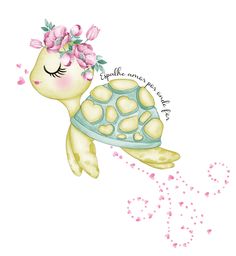 a drawing of a turtle with flowers on its head and the words smile comes from above it