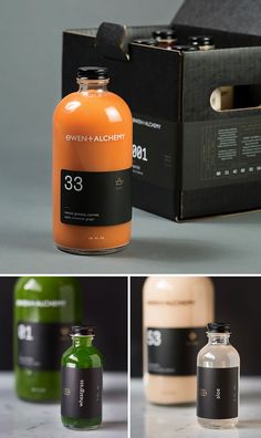 three different types of bottles are shown in this collage, one is orange and the other is green