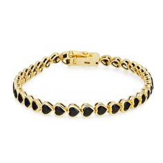 Fabulous And Chic, This Onyx Tennis Bracelet Is A Perfect Addition To Your Wrist Stack. Featuring, 36 Heart Shape Black Onyx Studded In A Bezel Setting In 14k Yellow Gold. Total Onyx Weight: 7.90 Carats. Secured With Box Clasp. Bracelet Length: 7.5 Inches. Width: 5mm. Total Weight: 11.48 Grams. Comes With A Presentable Gift Box. Id: 04109 Gold Heart Cut Luxury Bracelets, Luxury Gold Heart-cut Bracelets, Luxury Gold Heart Cut Bracelet, Fine Black Jewelry Bracelet, Elegant Black Tennis Bracelet For Anniversary, Elegant Black Bracelets For Anniversary, Black Jubilee Bracelet For Anniversary, Formal Black Fine Jewelry Bracelets, Luxury 14k Gold Heart Bracelet For Formal Occasions