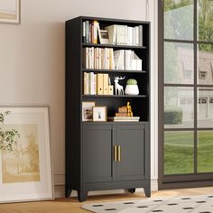 a bookshelf with many books on it in a room next to a window