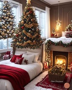 a bedroom decorated for christmas with a tree and fireplace