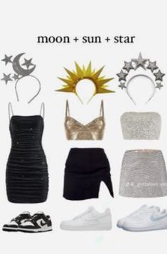 an assortment of clothes and accessories are arranged in the shape of a sun, moon and star