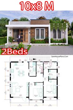 two bedroom house plan with floor plans and measurements for each room in the same area