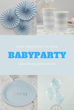 blue and white party decorations with the words babyparty