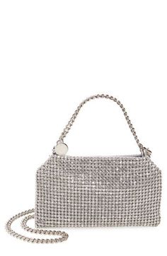 Light-catching crystal mesh enlivens this satin bag framed with signature diamond-cut chains forming the top carry handles and removable crossbody strap. Top zip closure Top carry handle; removable chain crossbody strap Interior wall pocket Organic-cotton lining Recycled polyester/crystal Made in Italy Designer Handbags Top Handle Chain Shoulder Bag For Party, Party Shoulder Bag With Chain And Top Handle, Luxury Chain Bag For Events, Luxury Evening Bag With Chain Strap For Night Out, Evening Shoulder Bag With Chain, Handheld, Evening Handheld Shoulder Bag With Chain, Chic Bags With Chain Strap For Gala, Luxury Crossbody Evening Bag For Events, Luxury Chain Clutch For Events