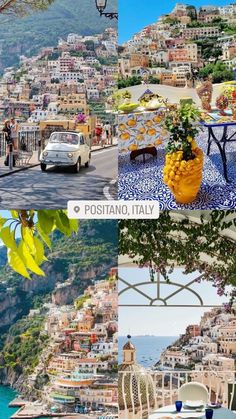 there are many different pictures in this collage, including the view of positano