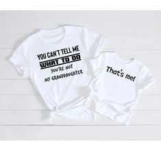 These funny matching shirts are the perfect shirts for any grandma and granddaughter duo! Baby Onesies: 3-6m, 6-9m, 9-12m, 12-18m, 18-24m Dress your baby to the nines with this 100% cotton one piece. It has three snap leg closure for easy changing, a comfortable envelope neckline, and a beautiful print that's bound to get the baby all happy and giggling. - 100% soft cotton* - Comfortable envelope neckline - Three snap leg closure Toddler Tees: 2T, 3T, 4T, 5T Let your child do their thing while f White Top With Funny Text For Mother's Day, White Tops With Funny Text For Mother's Day, White Tops With Custom Parenting Print, White Top With Custom Parenting Print, White Top With Custom Print For Parenting, Matching Graphic Print Tops For Father's Day, Father's Day Matching Letter Print Tops, White Tops With Custom Print For Parenting, White Tops With Funny Parenting Text