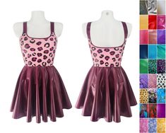 !! Please read BEFORE ordering !! Custom latex vest skater mini dress  Made from custom latex (top part) and 0.4mm latex (skirt, straps and trim) . Shown here in baby pink leopard with plum skirt and trim  The dress has a full circle skirt and a vest top with scoop back in custom latex. Skirt length, measured from the waist, is between 39cm/15""(size XS) and 34,5cm/13,5"" (size 3XL). This is the maximum length for a 3XL, i can not make it any longer. The dress shown is a size S, larger sizes can Latex Top, Skater Mini Dress, Latex Skirt, Glitter Pattern, Full Circle Skirt, Mini Skater Dress, Full Circle Skirts, Pink Leopard, Full Circle