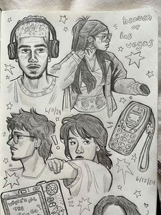 a drawing of some people with headphones on and one holding a cell phone in his hand