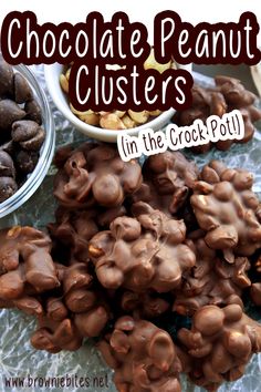 chocolate peanut clusters in the crock pot with text overlay that reads, chocolate peanut clusters in the crock pot