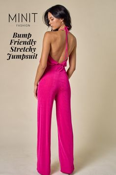 A classy evening starts with the Wow Factor Pink Halter Neck Open Back Flowy Jumpsuit! Stretchy pink fabric shapes this jumpsuit has a halter neckline and a fitted princess-seamed bodice. A high waist, and a neckline that ties at the back, tops flowy pant legs that ends with a long hem. Open back. No zipper/clasp. Chic Fitted Halter Neck Jumpsuits And Rompers, Elegant Fitted Halter Neck Strapless Jumpsuit, Fitted Strapless Jumpsuit For Party, Glamorous Halter Neck Jumpsuits And Rompers, Fitted Jumpsuits And Rompers With Back Opening, Glamorous Halter Neck Jumpsuit, Fitted Jumpsuits With Back Opening, Chic Fitted Jumpsuit With Tie Back, Chic Fitted Jumpsuits And Rompers With Tie Back