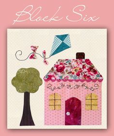 a pink house and tree with a kite flying in the sky above it that says black six