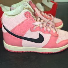 Brand New In Box. Authentic Dunks. Pink Leather High-top Sneakers With Cushioned Footbed, Leather Custom Sneakers For Sports, Pink Sporty Sneakers With Removable Insole, Sporty High-top Custom Sneakers, Pink High-top Sneakers With Gum Sole, Custom Nike Synthetic Sneakers, Pink Gum Sole Custom Sneakers, Pink Air Jordan, Nike Air Max 2090