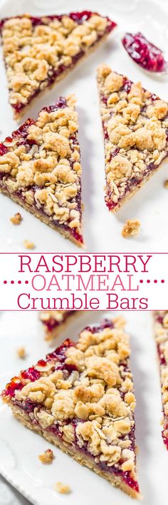 raspberry oatmeal crumble bars are arranged on a white plate