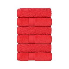 four red towels stacked on top of each other in front of a white background,