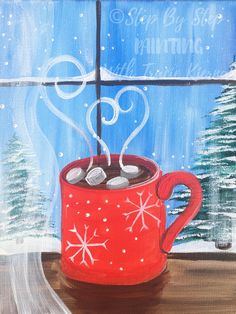 a painting of a red mug with hot chocolate in it