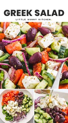 greek salad with cucumbers, tomatoes, olives and feta cheese on top