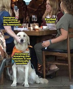 a woman sitting at a table with a dog in front of her and the caption below