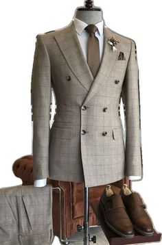 Grover Formal Light Brown Plaid Peaked Lapel Double Breasted Business Suits Elegant Beige Suit With Double Button Closure, Fitted Beige Suits With Button Closure, Classic Three-piece Wedding Suit With Double Button, Tailored Beige Suits With Buttons, Elegant Beige Double-breasted Suit, Beige Double-breasted Suits With Buttons, Beige Double-breasted Suit With Buttons, Fitted Beige Double-breasted Suit, Elegant Three-piece Wedding Suit With Double Button