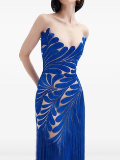 Oscar De La Renta Fern Threadwork Fringed Gown - Farfetch Fringe Gown, Fairy Couture, Snake Dress, Gown Blue, Blue Gown, City Dress, Silk Gown, Gala Dresses, Lady Dior