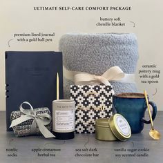 the contents of a gift set including candles, candle holders and other items