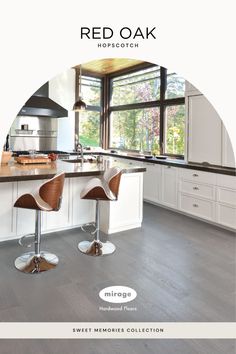 a kitchen with two stools in front of the island and windows on the wall