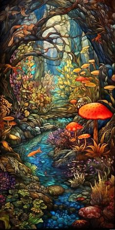 a painting of a forest filled with lots of plants and mushrooms on the side of a river