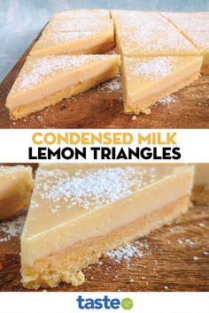 lemon triangles on a wooden cutting board with text overlay that reads, condenseed milk lemon triangles