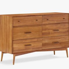 Bring classic mid-century design to your big kid's room with this stylish dresser. Inspired by iconic '50s and '60s silhouettes, it features gently tapered legs and a modern profile that looks sleek in any space. Six spacious drawers provide generous storage for all their essentials. Designed in collaboration with west elm. HOW IT IS CONSTRUCTED Acorn-finished dresser is expertly crafted from solid eucalyptus wood, engineered wood, beech wood, acacia veneers and MDF. White-finished dresser is ex Modern Baby Furniture, Extra Wide Dresser, Wide Dresser, Big Kids Room, 7 Drawer Dresser, Study Furniture, Dovetail Joinery, 6 Drawer Dresser, Wood Drawers