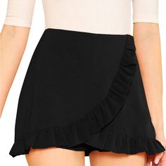 Shein Women's Mid Waist Ruffle Wrap Skort- Never Worn Black Bottoms With Ruffle Hem For Night Out, Black Bottoms With Ruffles For Spring, Black Ruffled Bottoms For Spring, Ruffled Bottoms For Spring Date Night, Ruffled Bottoms For Date Night In Spring, Spring Date Night Ruffled Bottoms, Casual Party Shorts With Ruffles, Flirty Ruffled Bottoms For Date Night, Summer Black Ruffled Skirt Shorts