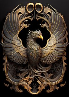 an intricately designed bird with gold wings on a black background is featured in the image