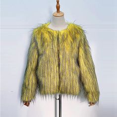 Winter Casual Vintage Fluffy Jacket Cardigan Elegant Faux Fur Thick Warm Outerwear Women Solid Long Sleeve Peacock Feather Coats Chic Long Sleeve Feathered Outerwear, Yellow Spring Outerwear For Party, Spring Yellow Outerwear For Party, Yellow Fall Party Outerwear, Yellow Spring Party Outerwear, Spring Yellow Party Outerwear, Fluffy Fur Coat For Fall Party, Spring Party Outerwear With Feathers, Long Sleeve Feathered Outerwear For Fall