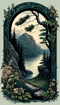 an illustration of a lake with trees and flowers in the foreground, surrounded by mountains