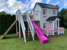 2- story Wooden Playhouse with pink slide, wooden terrace and flower boxes by WholeWoodPlayhouses Two Story Playhouse, Wooden Flower Boxes, Wood Playhouse, Playhouse Ideas, Backyard Kids Play Area, Backyard Playhouse, Wooden Terrace, Pink Slides, Playhouse Outdoor